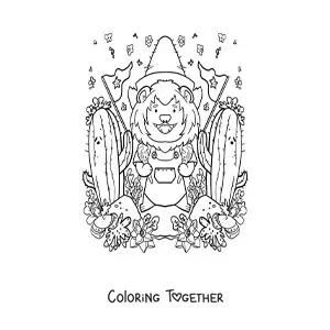 Coloring page of a cartoon kawaii lion with a cactus
