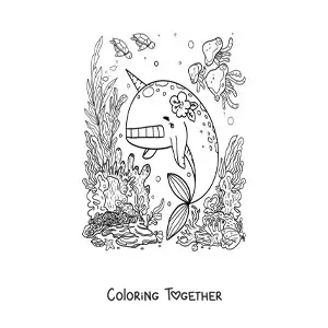Coloring page of a cartoon kawaii narwhal in the sea