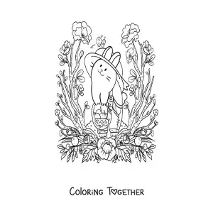 Coloring page of a cartoon kawaii bunny harvesting oranges