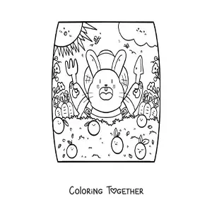 Coloring page of a cute cartoon rabbit eating oranges