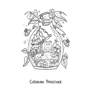 Coloring page of a cartoon kawaii bear cub in a magic forest inside a bottle