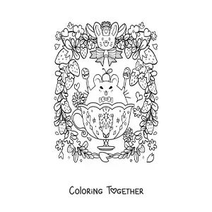 Coloring page of a cartoon kawaii mouse with strawberries
