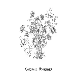 Coloring page of a bouquet of flowers with a cartoon kawaii mouse and butterflies