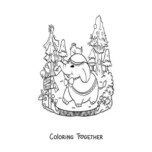 Coloring page of a cartoon kawaii elephant checking its mail in the forest