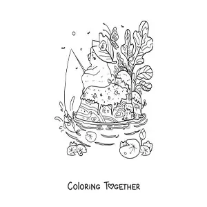 Coloring page of a cartoon kawaii bear sitting by the lake