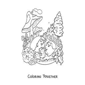 Coloring page of cartoon kawaii porcupines in a magic garden