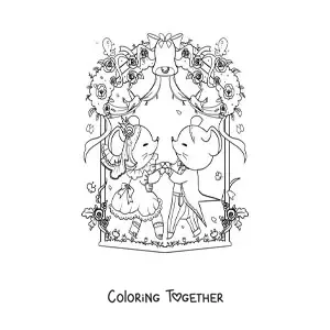 Coloring page of cartoon kawaii mice dancing the waltz