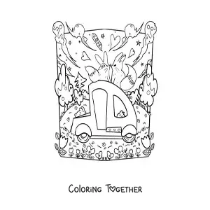 Coloring page of cute foxes in love in a cart