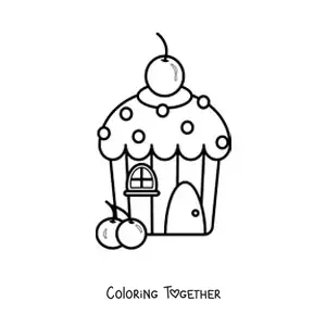 Coloring page of a cupcake house with a cherry on the roof