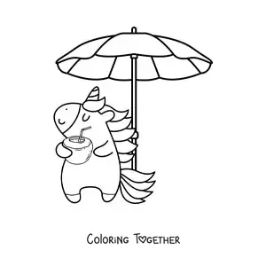 Coloring page of a cartoon unicorn at the beach