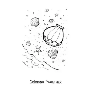 Coloring page of seashells on the beach shore