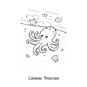 Coloring page of an octopus on the seashore