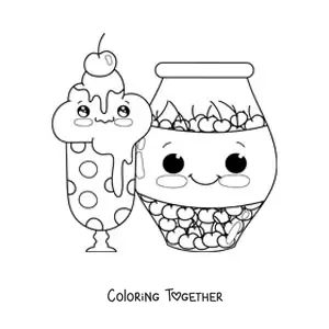Coloring page of a kawaii ice cream with a cherry and a jar of cherries beside it