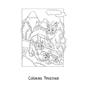 Coloring page of lynxes in the forest