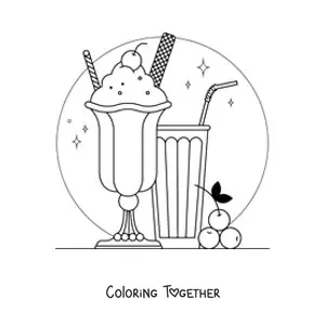 Coloring page of an ice cream with cherries and a glass with a straw