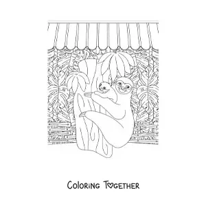 Coloring page of tropical rainforest sloths