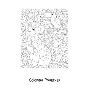 Coloring page of a leopard cub in the jungle