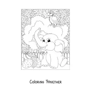 Coloring page of a kawaii elephant in the jungle