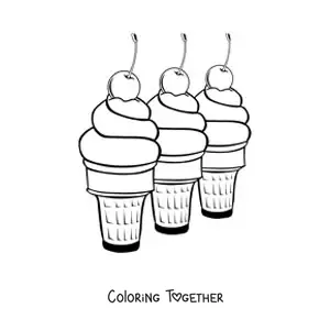 Coloring page of three ice creams in a row with cherries