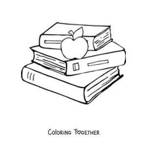 Coloring page of an apple on top of a stack of school books
