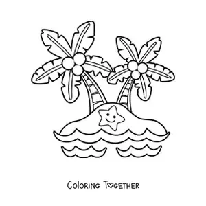 Coloring page of a kawaii island with palm trees