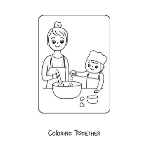Coloring page of a son cooking with his mother on Mother's Day