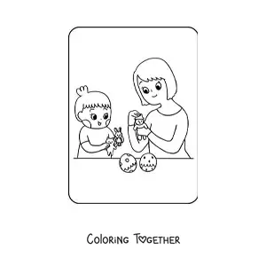 Coloring page of a kawaii girl playing with dolls with her mom on Mother's Day
