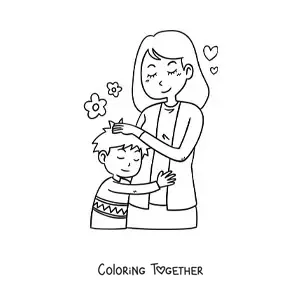Coloring page of a kawaii boy hugging his mom on Mother's Day