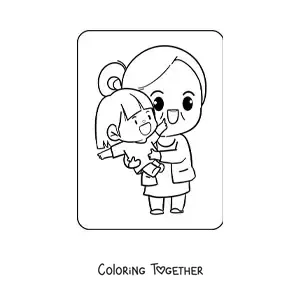 Coloring page of a kawaii grandmother holding her granddaughter on Grandparents' Day