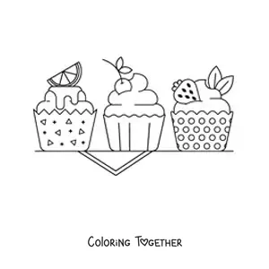 Coloring page of three cupcakes decorated with lemon, cherry, and strawberry
