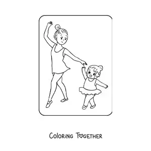 Coloring page of a kawaii girl dancing ballet with her mom on Mother's Day