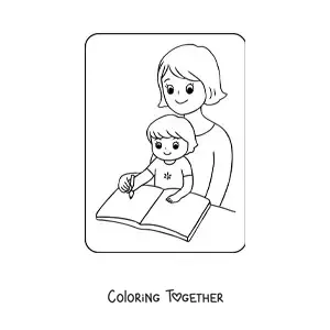 Coloring page of a kawaii girl doing homework with her mom on Mother's Day