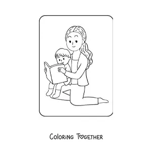 Coloring page of a kawaii boy reading with his mom on Mother's Day