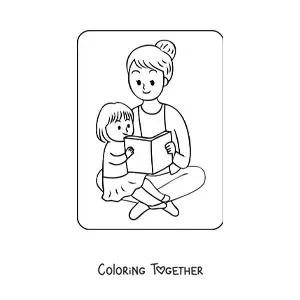 Coloring page of a kawaii girl reading with her mom on Mother's Day