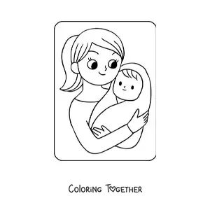 Coloring page of a kawaii baby in his mom's arms on Mother's Day