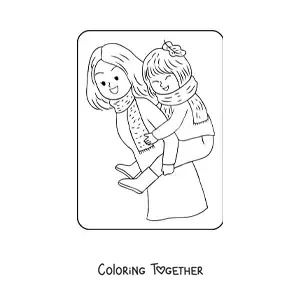 Coloring page of a kawaii mom holding her daughter