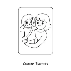 Coloring page of a kawaii girl crying in her mom's arms