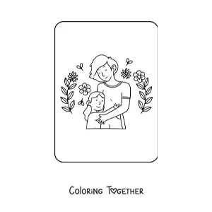 Coloring page of a kawaii girl hugging her mom on Mother's Day
