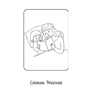 Coloring page of a mom reading a story to her daughter