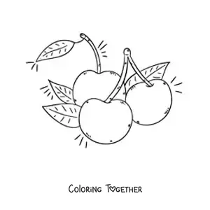 Coloring page of three cherries with their leaves