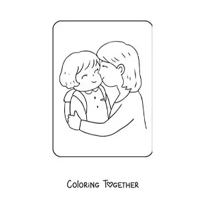 Coloring page of a mom giving her daughter a kiss before school