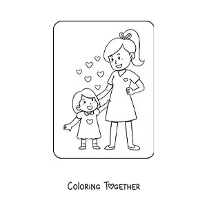 Coloring page of a kawaii girl with her mom surrounded by hearts