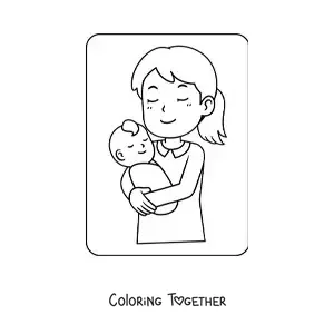 Coloring page of a mother holding her baby