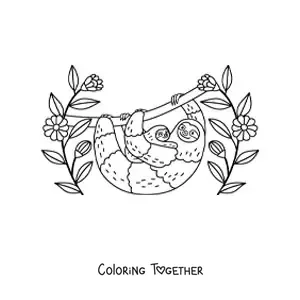 Coloring page of a mother sloth with her baby