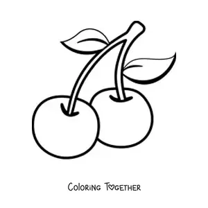 Coloring page of two cherries with leaves