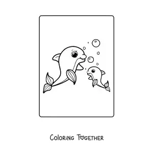 Coloring page of a mother dolphin with her calf