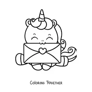 Coloring page of a kawaii unicorn with a Valentine's card