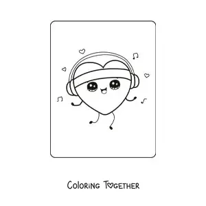 Coloring page of a kawaii heart listening to music