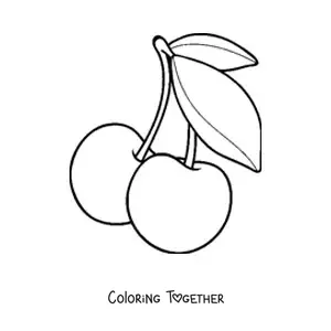 Coloring page of two cherries with leaves