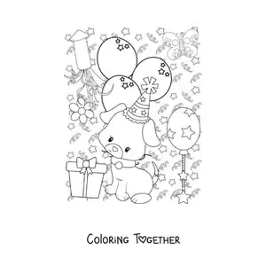 Coloring page of an animated dog with New Year's balloons